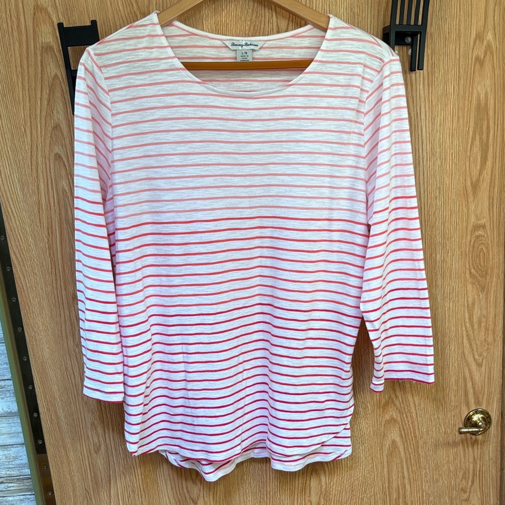 Tommy Bahama Pink and White Hombre Striped Long Sleeve Tee